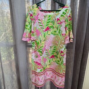 Pappagallo S Shift Dress Women’s Pink Green Tropical Oasis Palm Leaf coastal
